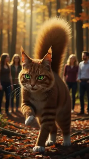 AI Video: He purrs deeply, chest rising steadily. He brushes his tail along the...