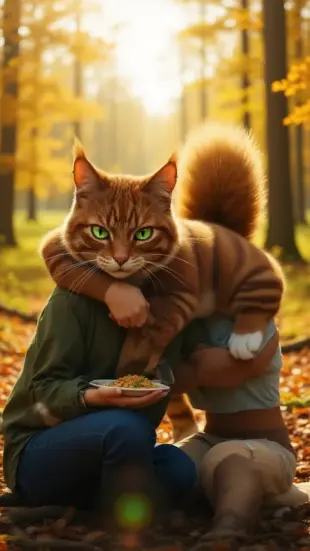 AI Video: Ears twitch rhythmically, throat vibrates with a low, visible purr. Head...