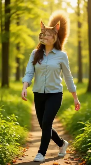AI Video: She stops mid-stride, ears flicking backward. She exhales a half-laugh,...