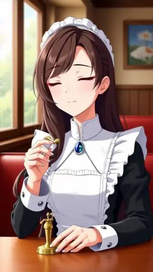 AI Video: shy look down, gentle blush, playing with brass