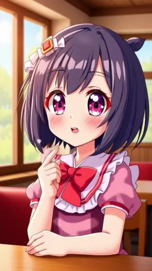 AI Video: shy look down, gentle blush, cute blinking, puppy eyes, loving gaze, heart...