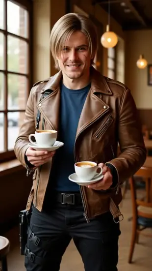 AI Video: He runs a hand through his hair, shoulders shaking with a muffled laugh. He...