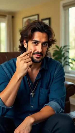 AI Video: His breath hitches, chest rising sharply. Teal eyes soften, gaze locking onto...