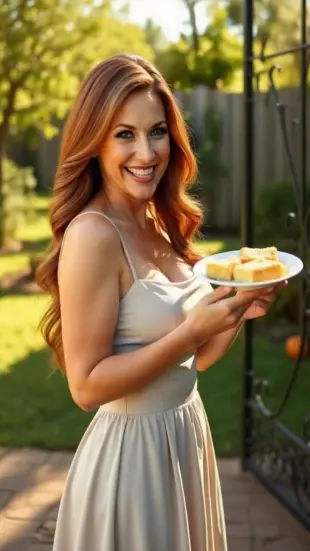 AI Video: She laughs softly, shoulders relaxing as she turns gracefully, sundress...