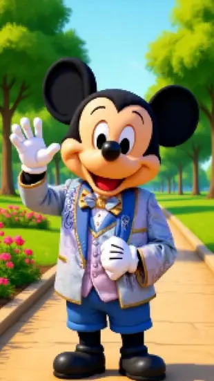 AI Video: Mickey waves his hand enthusiastically, ears bobbing with the motion. He...