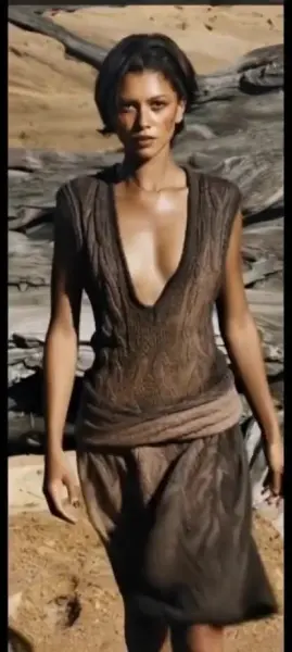 AI Video: Zendaya keeps walking looking right, then looking straight back at you with...