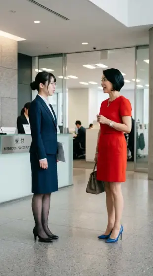 AI Video: Oficinista japonesacon un traje con falda azul oscuro, piel muy clara, gafas...