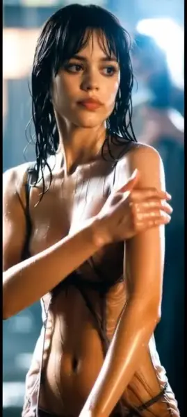 AI Video: Jenna ortega keeps applying lotion, now on her tummy up to her chest as the...