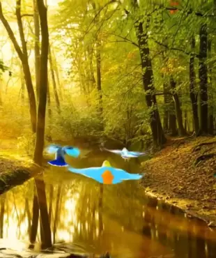 AI Video: Let this three birds turn around and land on the right bank of the river.