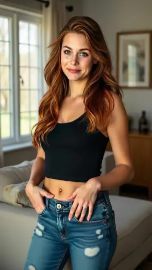 AI Video: She reaches forward, fingers grazing stomach, locks eyes intensely. She tugs...