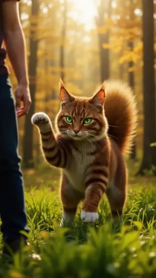 AI Video: Ears prick forward, eyes sparkling with warmth. A deep, steady purr vibrates...