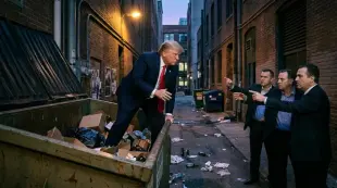 AI Video: Absurdná scéna, kde politická postava Trump vchádza do smetiarskeho...