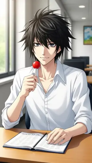 AI Video: He slowly lifts his gaze, lollipop freezing mid-air. A sharp, amused glint...