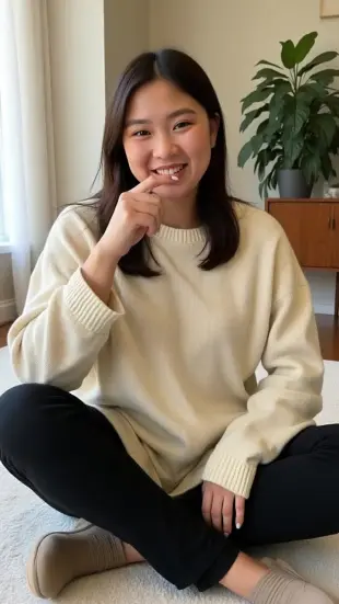 AI Video: wearing a diaper, biting finger, innocent look, teasing smile