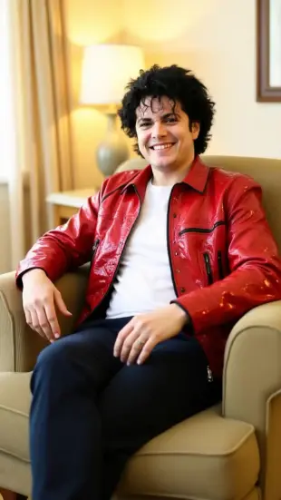 AI Video: He leans back into the chair, shoulders relaxing. He smiles warmly, eyes...