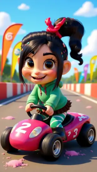 AI Video: She skids to a halt, hops out, and glitches turquoise, then stabilizes. She...
