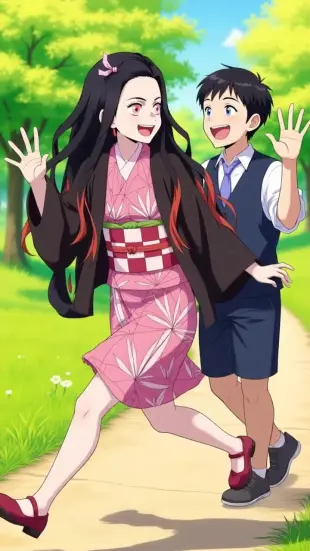 AI Video: she is running while she see's a handsome boy she come's closer as the boys...
