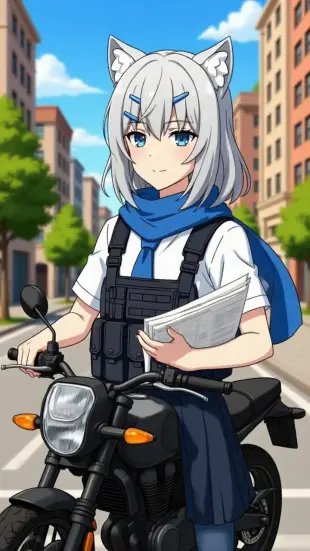 AI Video: She tilts her head, silver hair swaying, hands fold the map with precise,...