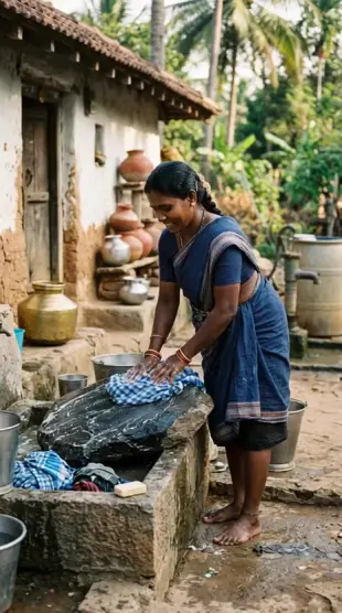 AI Video: South Indian village woman complete thighs show while washing clothes
