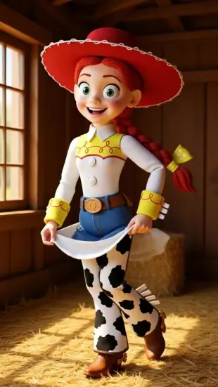 AI Video: She gasps, eyes widening, then transitions into a sheepish, slow grin. She...