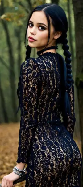 AI Video: Jenna ortega looks super hot all in black in the woods. She starts swinging...