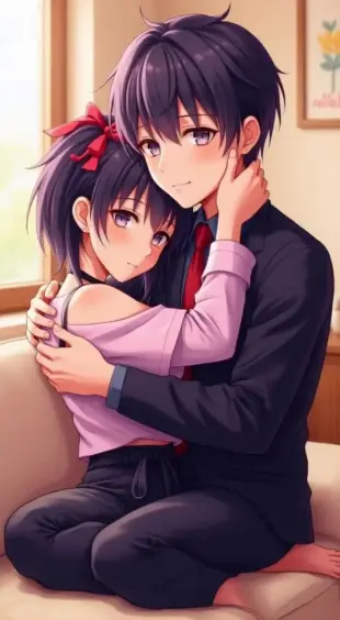 AI Video: She gasps softly, eyes widening in surprise. She buries her face into his...