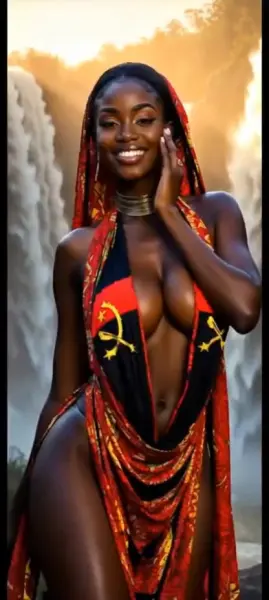 AI Video: The African girl still dancing does a half turn as she does her dress blows...
