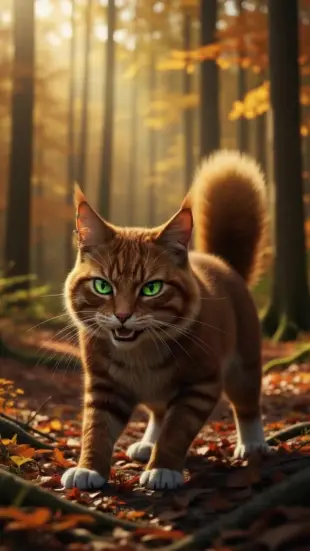AI Video: Green eyes glow, head tilts with a proud smirk. She flicks her tail...