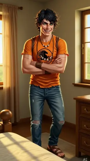 AI Video: He lets out a low whistle, head tilts curiously, arms cross over chest....