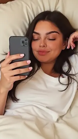 AI Video: She stirs under covers, shoulder slips, hair tousled. She blinks sleepily,...