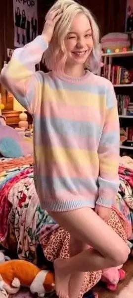 AI Video: Emma Myers looks gorgeous in her multi colored jumper. She decides to pretend...