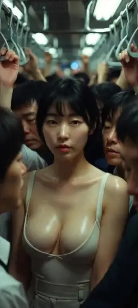 AI Video: Stunning Korean girl is on a crowded train  with the train making her move...