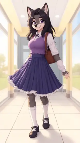 AI Video: Tail sways rhythmically, ears twitch forward. She tilts her head, cheeks...
