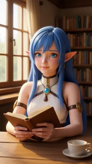 AI Video: She lowers the book slowly, eyes lifting to meet yours. A gentle smile forms...