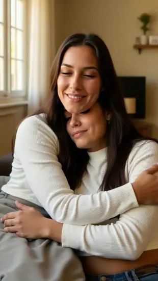 AI Video: She leans into his chest, eyes shimmering with tears, chest rising with a...