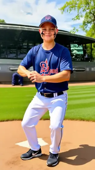 AI Video: He grins wide, strides confidently, chest rising with a deep breath. He winds...