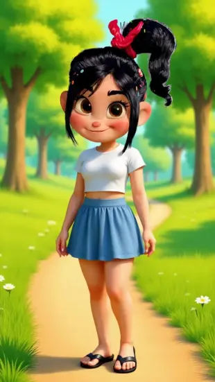 AI Video: She's in a crop top skirt and flip flops standing