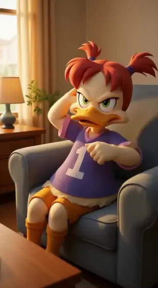 AI Video: She whistles low, feathers ruffle, eyes twinkle with amusement. She reaches...