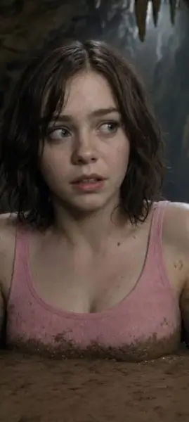 AI Video: Emma myers is trying to evade a maniac killer in swamps.  She us wading...