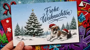 AI Video: A Christmas greeting card being turned over. A new white map page appears.