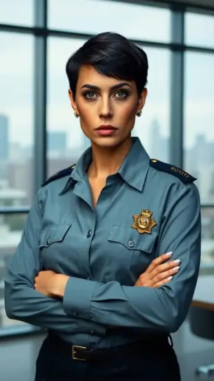 AI Video: intense stare, clenched jaw, tough look, crossed arms, confident pose, slight...