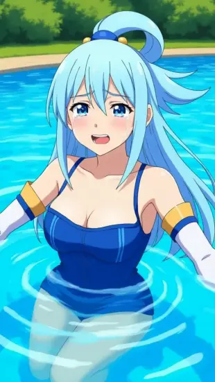 AI Video: In bikini color blue swim in pool