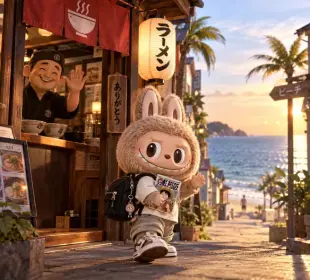 AI Video: Labubu finisce il ramen, prende il suo zainetto e il manga di One Piece...