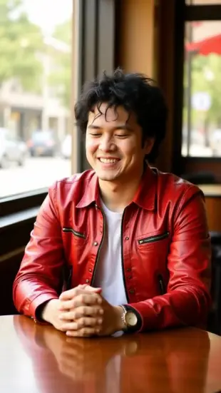 AI Video: Smile fades, gaze drops to hands, shoulders slump, slow exhale as chest...