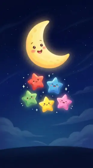 AI Video: Show a beautiful nighttime sky with a big smiling moon. Five cute, colorful...