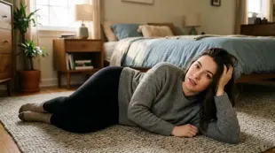 AI Video: A very beautiful slim young girl lays down on the ground. Move your hair and...