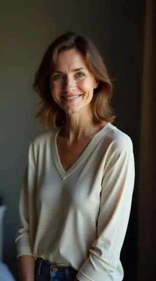 AI Video: Create an image of an older woman with brunette hair and blue eyes smiling...