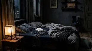 AI Video: a bedside lamp that turns off towards the end of the video scene, leaving the...