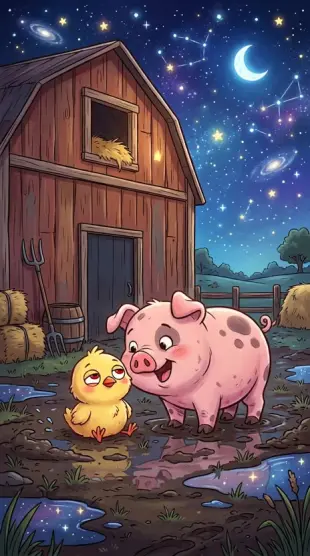 AI Video: Cute 2D cartoon style, funny farm animals, bright colors. Mały żółty kurczak...