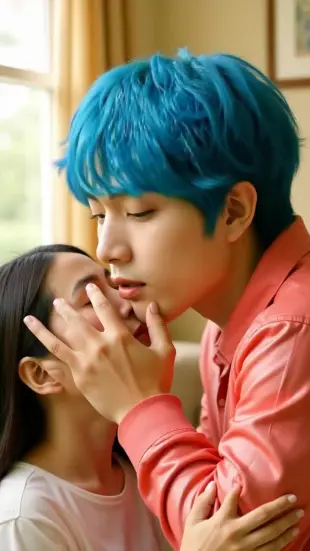 AI Video: He leans in, hands cupping the jawline firmly yet gently. He breathes deeply...